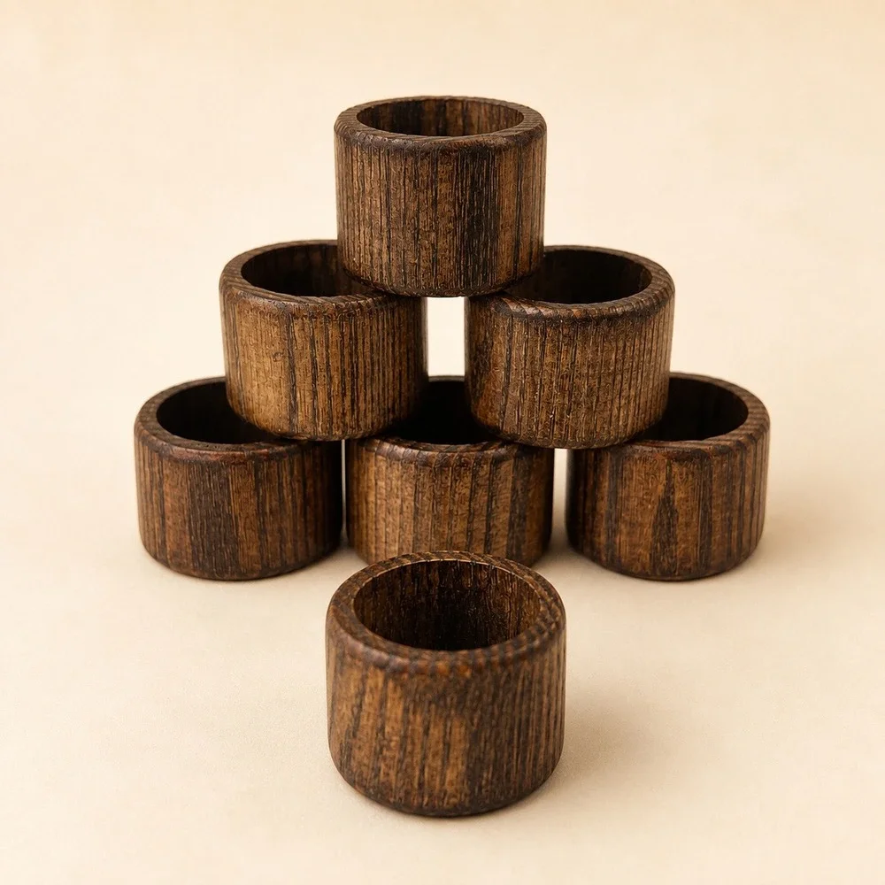 Vintage Turned Wood Napkin Rings Set of 10 Dark Rustic Brown Farmhouse Boho MCM